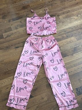Pink 'Love' Heart Print Satin Pajama Set Size Medium